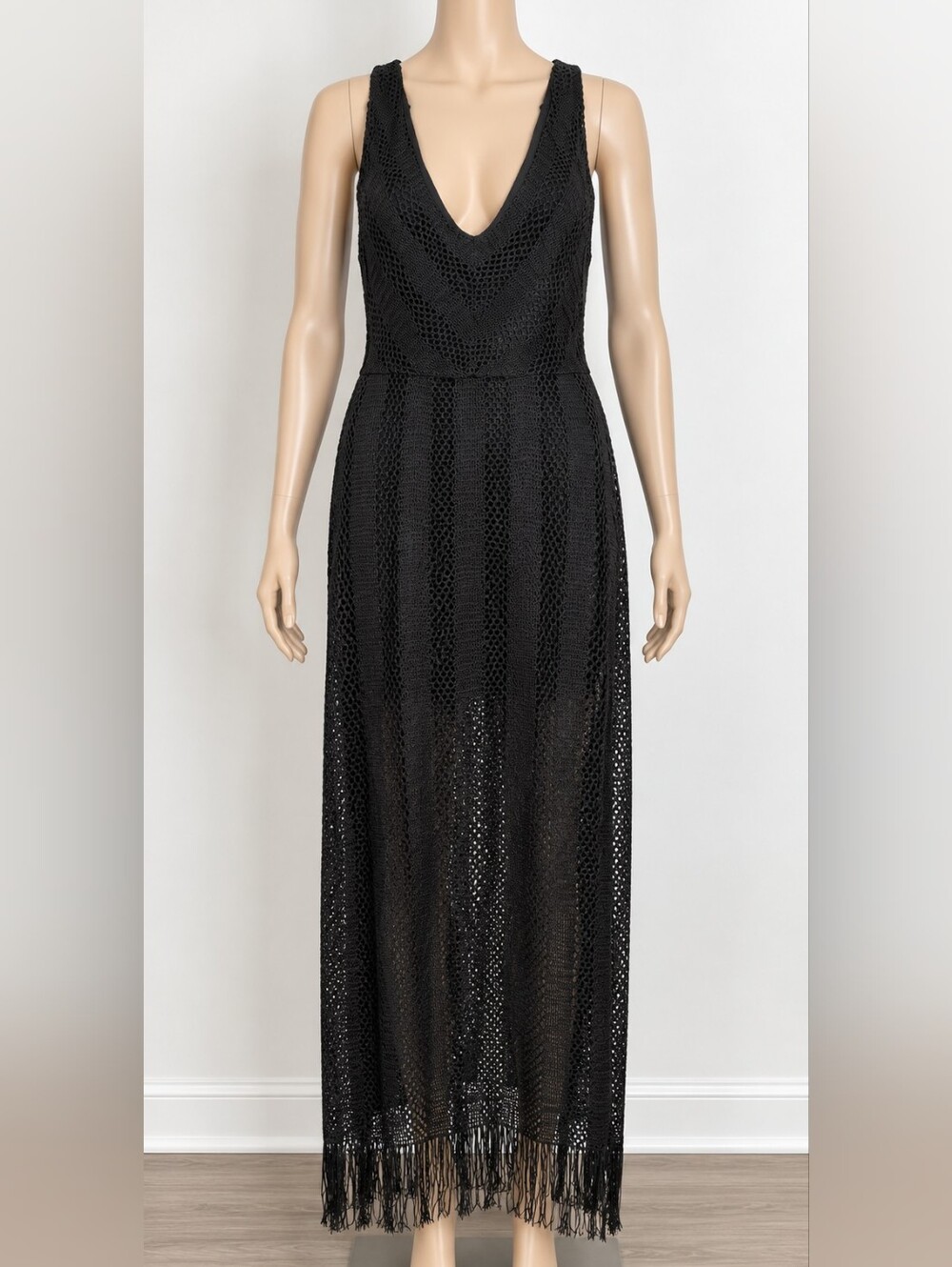 EMMA & MICHELE Black Crochet V-Neck Maxi Dress with Fringe. Size Large.
